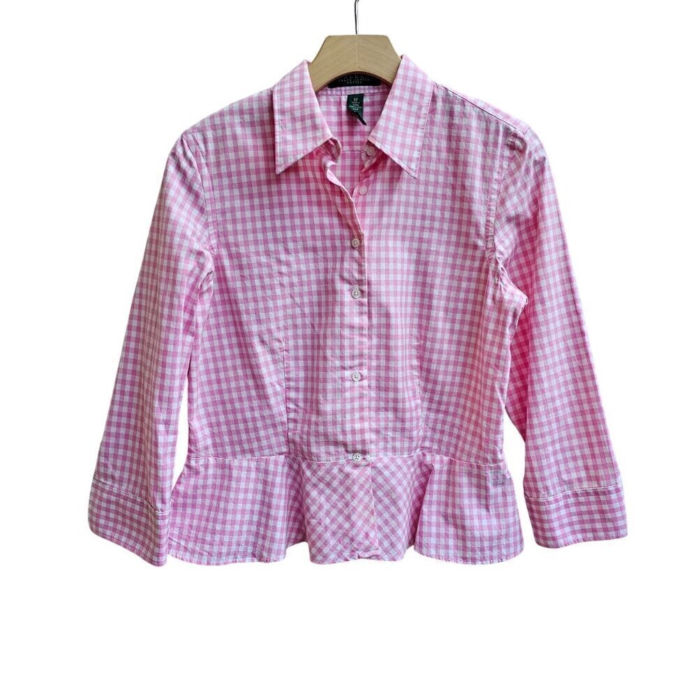 Lauren Ralph Lauren Petite Pink Gingham Button-Up Blouse with Ruffle Hem, Size 6